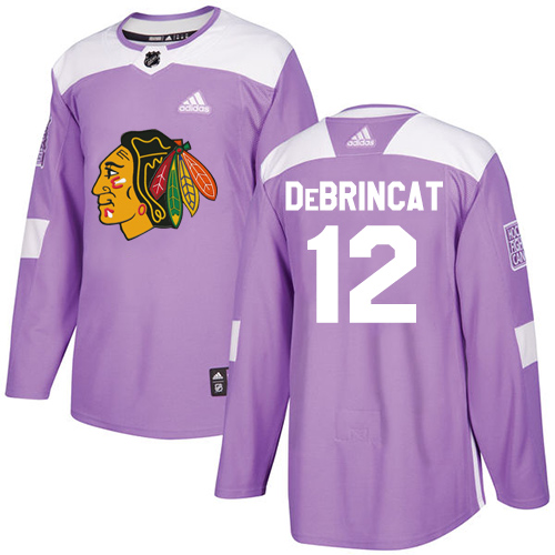 Adidas Blackhawks #12 Alex DeBrincat Purple Authentic Fights Cancer Stitched NHL Jersey